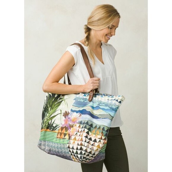 NWT Prana Womens Bag Tote Slouch Leather Red Brown Orange Blu New Organic Cotton - Picture 2 of 6